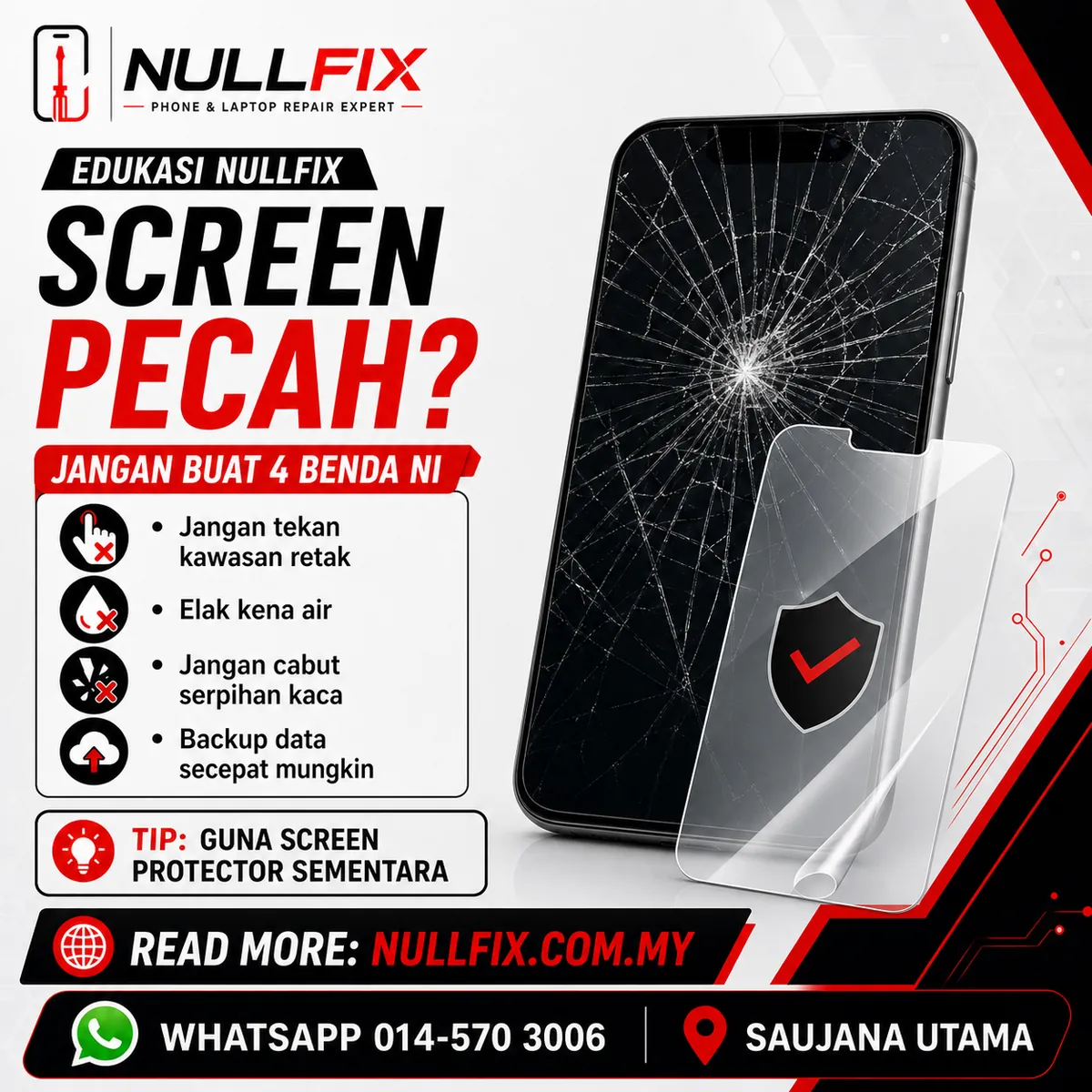 Screen phone pecah — servis tukar LCD di NULLFIX Saujana Utama